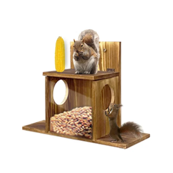Wooden Squirrel Feeder Food Storage Box for Outside Backyard